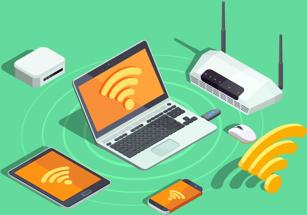 Wireless technology devices isometric poster with laptop printer smartphone router and wifi internet connection symbol vector illustration